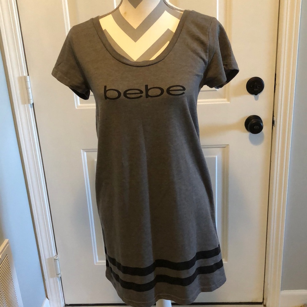 Bebe sleepwear soft gray with black stripes and Bebe logo. Short sleeve.